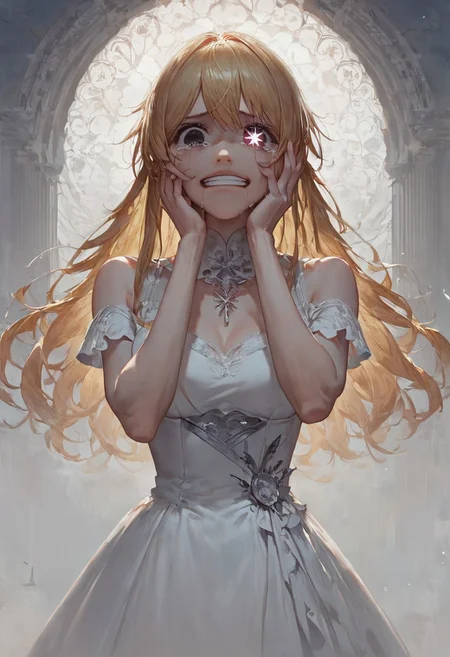 score_9, score_8_up, score_7_up, masterpiece, high resolution, concept art, cinematic lighting, hoshino ruby, blonde hair, long hair, white dress, black eyes, star-shaped pupils, traumatized, corrupted, (tears), hand on face, laughing out, looking down, fragile background,