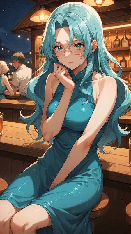 score_9,score_8_up,score_7_up,score_6_up, <lora:xl_more_art-full_v1:0.5>, source_anime, woman, dynamic pose, sitting, <lora:Eva Aensland - Pony-000004:0.8>, long hair, aqua hair, aqua eyes, round glasses, teal dress, glitter dress, bar, darkness, night, shy, sleeveless, parted bangs,