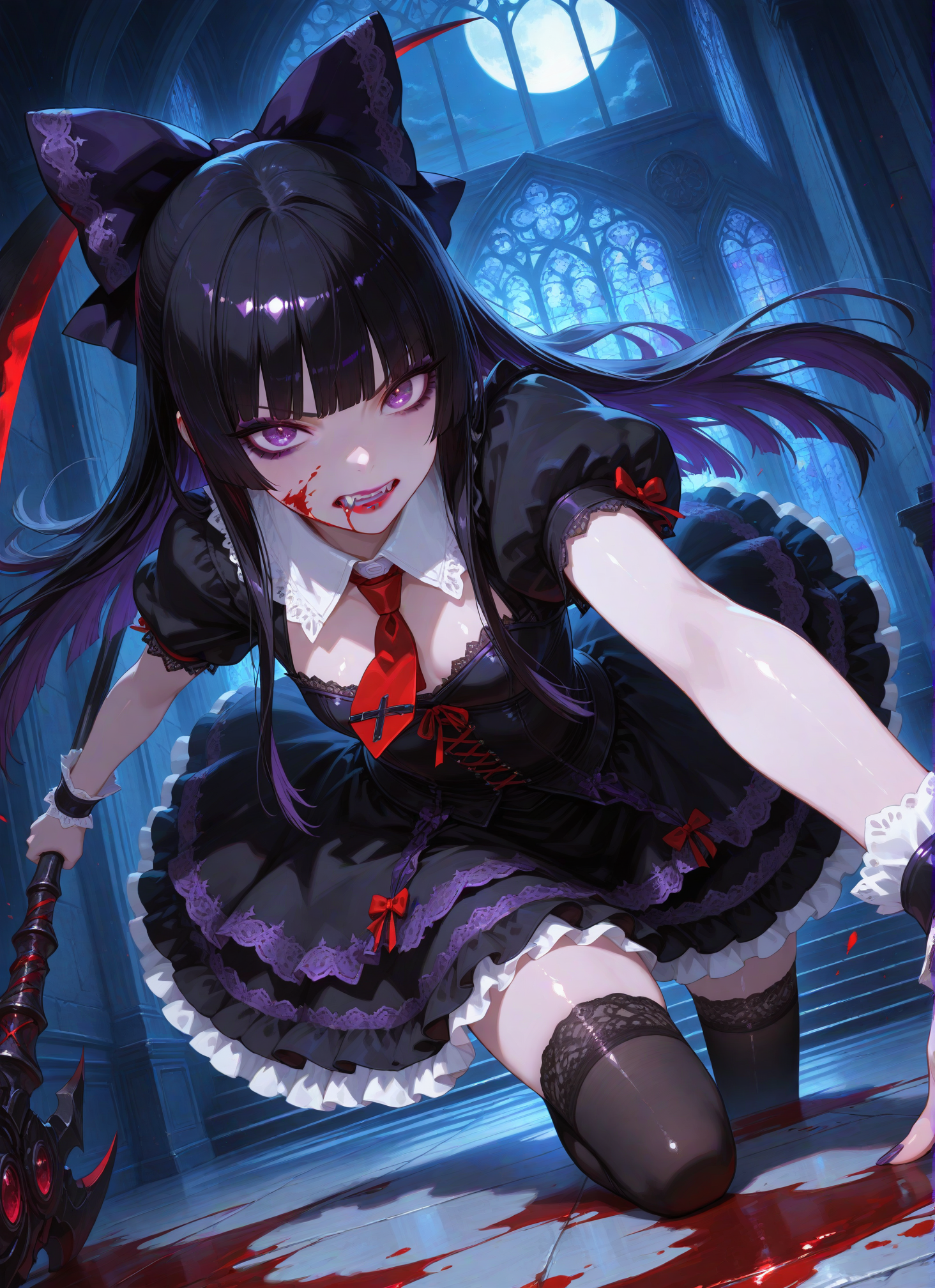 masterpiece, best quality, amazing quality, 1girl, solo, black hair, purple eyes, hime cut, long hair, lipstick,
black dress, puffy short sleeves, hair bow, puffy skirt, frilled skirt, red tie, wrist cuffs, black thighhighs, lacy clothes, dark purple eyeshadow, purple irises, snarling,
holding giant scythe, looking at viewer, blood on face, incoming attack, from below, action pose,
night, dark, dutch angle,
(small Breasts:1.2), cowboy shot,, , shiny, shiny skin, shiny hair, soft body <BREAK> , masterpiece, amazing quality, best quality, ultra-detailed, 8K, illustration, CG, clear skin, ultra-detailed-eyes, soft skin, shiny skin, shiny hair, very awa, very as2, anime coloring, <lora:Rory_Mercury_Gate_IL_V1:1>  <lora:infernal_n3cr0p0l1s:1> indoor, altar <lora:horny_XL_V1.0:1> horny <lora:NEGATIVE_HANDS:1>  <lora:bowing_down_pony:1.5> (bowing down on the floor)