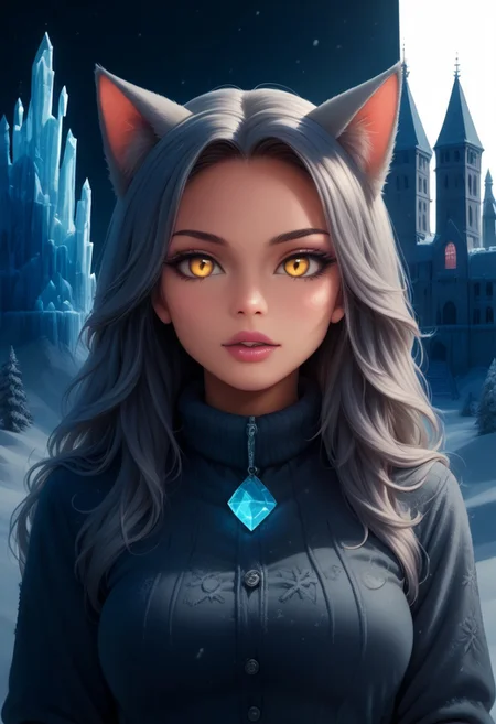 32k, cphotorealistic:1.4, score_9, score_8_up, score_7_up, Cambodian woman, asian features, long hair, huge boobs, small waist, fitness body, toned muscle, wide hips, An extreme photorealistic upper body shot of a cat girl with mesmerizing golden eyes and slit pupils. She has long, flowing two-tone hair, white and black, with striking, unrealistic beauty. Her pink lips curve slightly to reveal sharp fangs, and her long fingernails are a key feature of her sleek cat suit. Include tiny imperfections like pores, faint freckles, and slight skin texture variations to add realism. Realistic lip texture with soft lines, slight gloss, and natural color variation. Realistically detailed tear ducts, slightly moist, enhancing the natural appearance of the eyes. Faint, barely visible veins under the eyes, adding depth and authenticity to the skin. Individually rendered eyebrow hairs with natural variation in direction, length, and thickness. Variation in hair strand thickness, with some thinner and finer than others. Detailed texture on the red cat suit, showing the weave or material pattern, such as leather, spandex, or velvet. Shadows that move with the character, responding to her position and the light source accurately, 28 YEARS OLD, wrinkles, cat girl, crystal, gem, sparkle, YELLOW EYES, CAT EYES, denise, catgirl, Gothic castle, lively, luminescent, Majestic castle, big eyes, fr0stwrld, snow, ice,