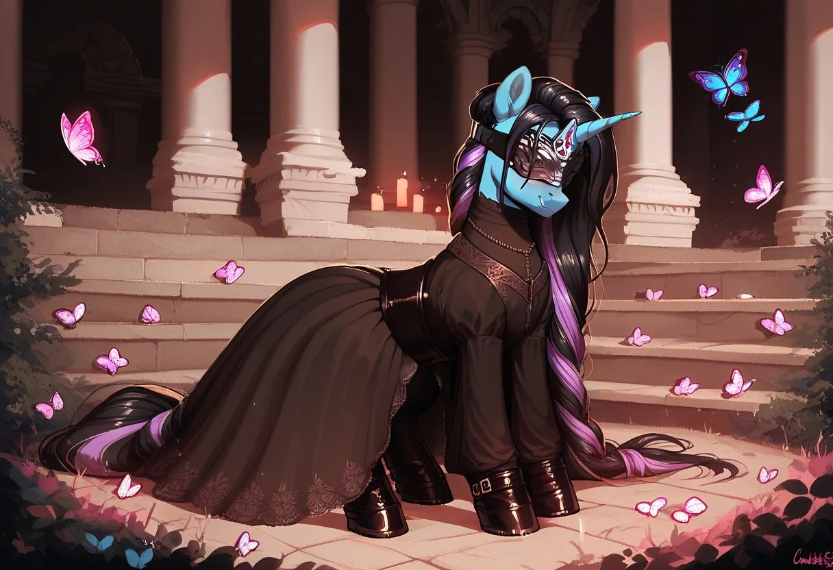 score_9, score_8_up, score_7_up, score_6_up, score_5_up, g4, pony from my little pony friendship is magic, big flanks, anatomically correct, unicorn, unicorn horn, femboy, trap, femme, feminine, effeminant, male, pastel frosted blue body, black mane and tail, pastel purple streak in mane and tail, mare's mane, female mane, crossdressing, blindfold, mask, firekeeper, feral, solo, full body, full body, dress, indoors, roman temple, ruined temple, flirting, flirty, lewd pose, surrounded by butterflies, butterflies, firekeeper, lewd, Trap, tight clothing