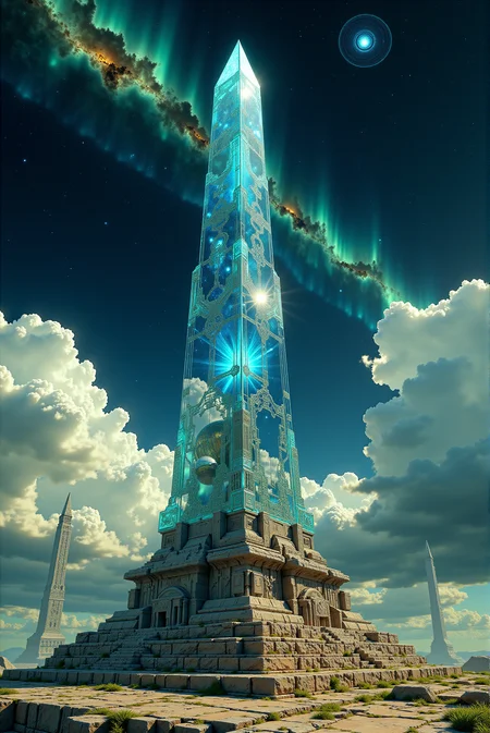 <lora:Legacy_of_the_forerunners_v.2:0.75>
A colossal crystalline obelisk rises from an ancient platform in a surreal cosmic environment, its towering form forged from a transparent material that appears to contain entire galaxies, nebulae, and celestial storms swirling within. The obelisk's surface captures and refracts cosmic light, casting prismatic reflections that shimmer across the surrounding stonework, while its sharply faceted tip pierces into a star-drenched sky layered with spiral galaxies, distant stars, and nebulous clouds. The base of the monolith is encased in intricate geometric carvings and mechanical ornamentation, a fusion of archaic architectural motifs with futuristic machine elements, evoking the sense of a forgotten interstellar civilization. The weathered stone platform beneath it is cracked and partially overtaken by sediment, suggesting the passage of vast time, with additional smaller obelisks and angular structures rising in the distance. The atmospheric backdrop transitions from the tangible layer of cumulus clouds below to the infinite depth of space above, blending terrestrial elevation with astral infinity. Soft light filters upward through the base, illuminating fine gold and turquoise veins etched into the plinth, enriching the overall color palette of metallic bronze, ethereal aquamarine, and starlight white. The image is presented with photorealistic rendering and hyper-detailed surface texturing, merging high-concept science fiction with mystic monumentality and celestial symbolism.