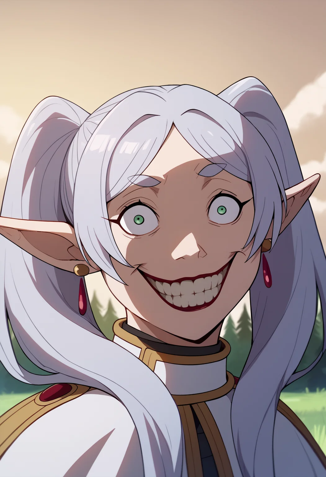 score_9, score_8_up, score_7_up, score_6_up, score_5_up, score_4_up, BREAK
jokerized, smile, grin, teeth, red lips, constricted pupils, crazy eyes,
1girl, frieren, green eyes, grey hair, twintails, pointy ears, eyebrows, white capelet with long sleeves, earrings,
looking at viewer, solo, blue sky, cloud, grass, trees, forest background <lora:JokerizedXL:1> <lora:FrierenXL:1>