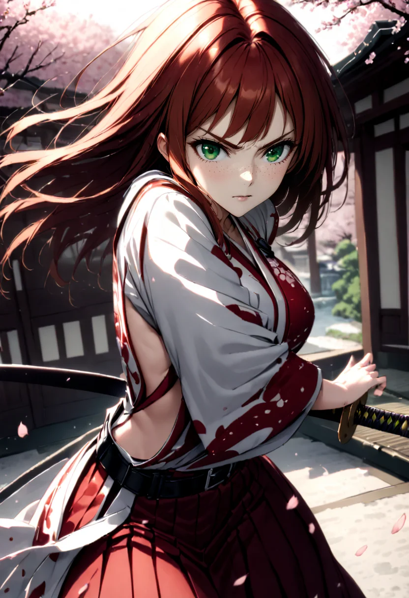 a realistic 20 year old anime kmw top model redhead woman, freckles,
battoujutsu sword stance,sword, katana, sheathed,
incoming attack,dynamic,
((traditional japanese white ornate battle kimono, black belt)),
serious, focused,agressive,
small breasts, flat chest,
japanese architecture background, sakura blossoms, sakura trees,scenery,
view from behing,green eyes,
<lora:kmw_v53:1>
<lora:battoujutsu-sword-stance:1>
