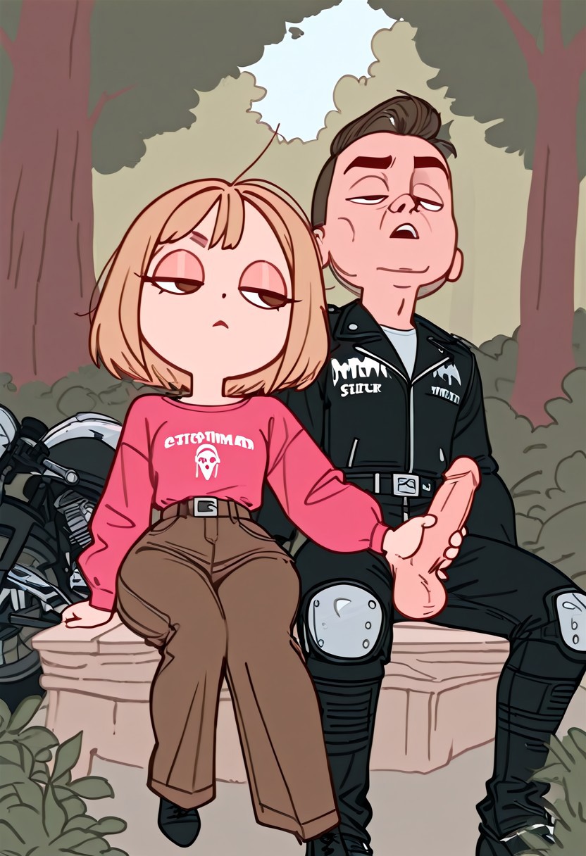 Absurdres, best quality, masterpiece, 

Stunning vector illustration, minimalist, flat color,
1boy, 1girl,
Girl and man sit side by side,
Bored girl performs a handjob on a man in the park, foliage, both fully dressed, clothes female, biker man, stylish, hand on another’s penis