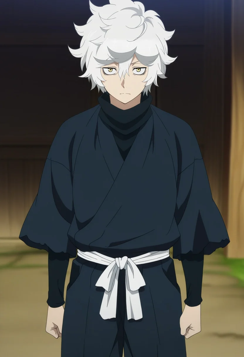 masterpiece, best quality, anime screencap, official style, anime coloring, cowboy shot, 1boy, solo, male focus, <lora:gabimaru_jigokuraku_ilxl:0.9>, gabimaru_jigokuraku, white hair, yellow eyes, hair between eyes, short hair, messy hair, , ,