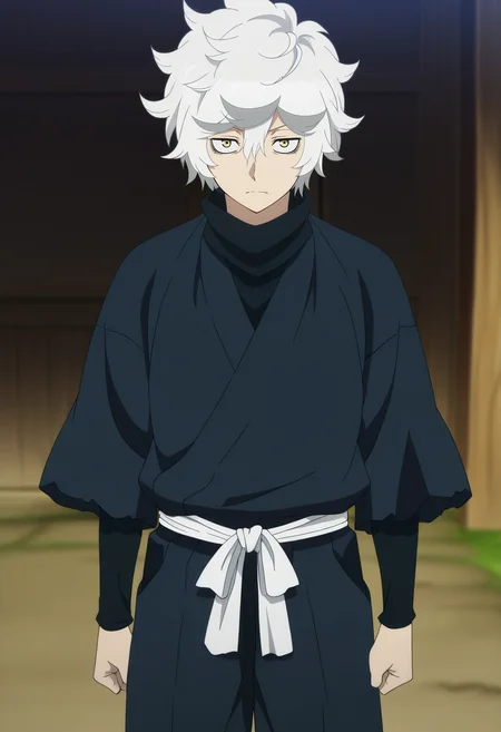 masterpiece, best quality, anime screencap, official style, anime coloring, cowboy shot, 1boy, solo, male focus, <lora:gabimaru_jigokuraku_ilxl:0.9>, gabimaru_jigokuraku, white hair, yellow eyes, hair between eyes, short hair, messy hair, , ,