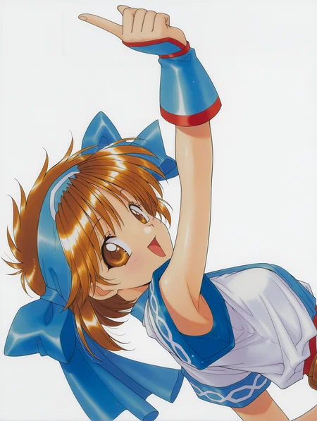 masterpiece,best quality,newest,1girl,solo,
<lora:rimururu_ilxl_v1.3:1>,n_rimu,short hair,brown hair,brown eyes,r_bow,blue hairband,r_clothes,
<lora:Fixhands_anime_bdsqlsz_V1:1>,dynamic_angle,cinematic_angle,upper_body,face_focus,white_background,simple_background,kind_smile,arched_back,armpits,clenched hand,arms up,