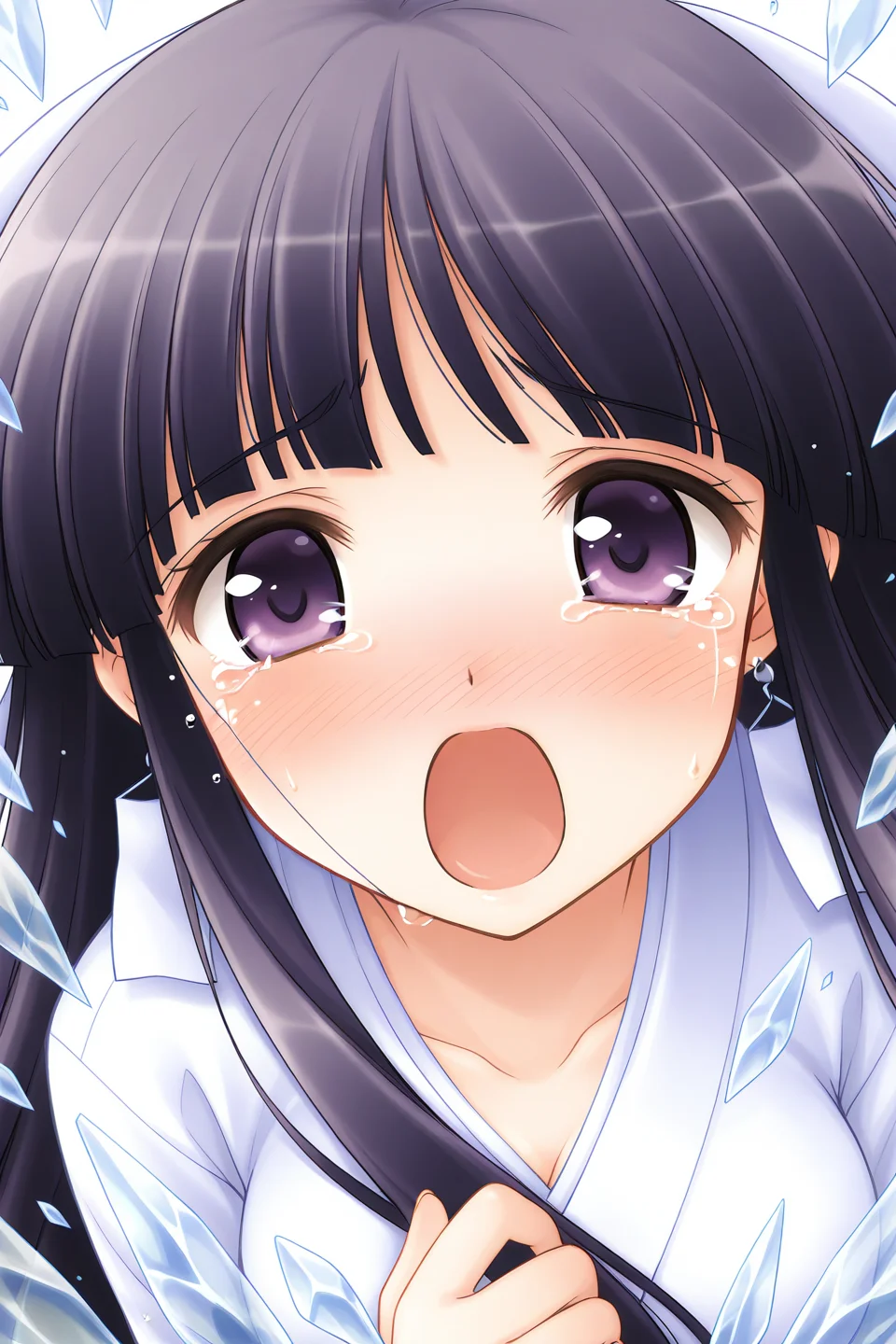 masterpiece, best quality, absurdres, official art, official style, general BREAK <lora:arisakamatsuri_IL_v1-2:0.7>, arisaka matsuri, 1girl, solo, purple eyes, black hair, purple hair, very long hair, blunt bangs, hime cut, sidelocks, hair ribbon, white ribbon, medium breasts, large breasts, earrings, tears, blush, open mouth, ice, looking at viewer, crying, upper body, collarbone, crying with eyes open, :o, white kimono, simple background, close-up, hand on own chest, blue theme, long sleeves, short kimono, wide sleeves, nose blush, shouting, breaking out from ice, shards of ice flying, frozen prison, translucent glacier, cold atmosphere