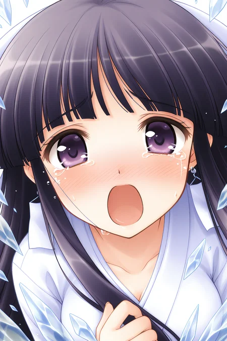 masterpiece, best quality, absurdres, official art, official style, general BREAK <lora:arisakamatsuri_IL_v1-2:0.7>, arisaka matsuri, 1girl, solo, purple eyes, black hair, purple hair, very long hair, blunt bangs, hime cut, sidelocks, hair ribbon, white ribbon, medium breasts, large breasts, earrings, tears, blush, open mouth, ice, looking at viewer, crying, upper body, collarbone, crying with eyes open, :o, white kimono, simple background, close-up, hand on own chest, blue theme, long sleeves, short kimono, wide sleeves, nose blush, shouting, breaking out from ice, shards of ice flying, frozen prison, translucent glacier, cold atmosphere