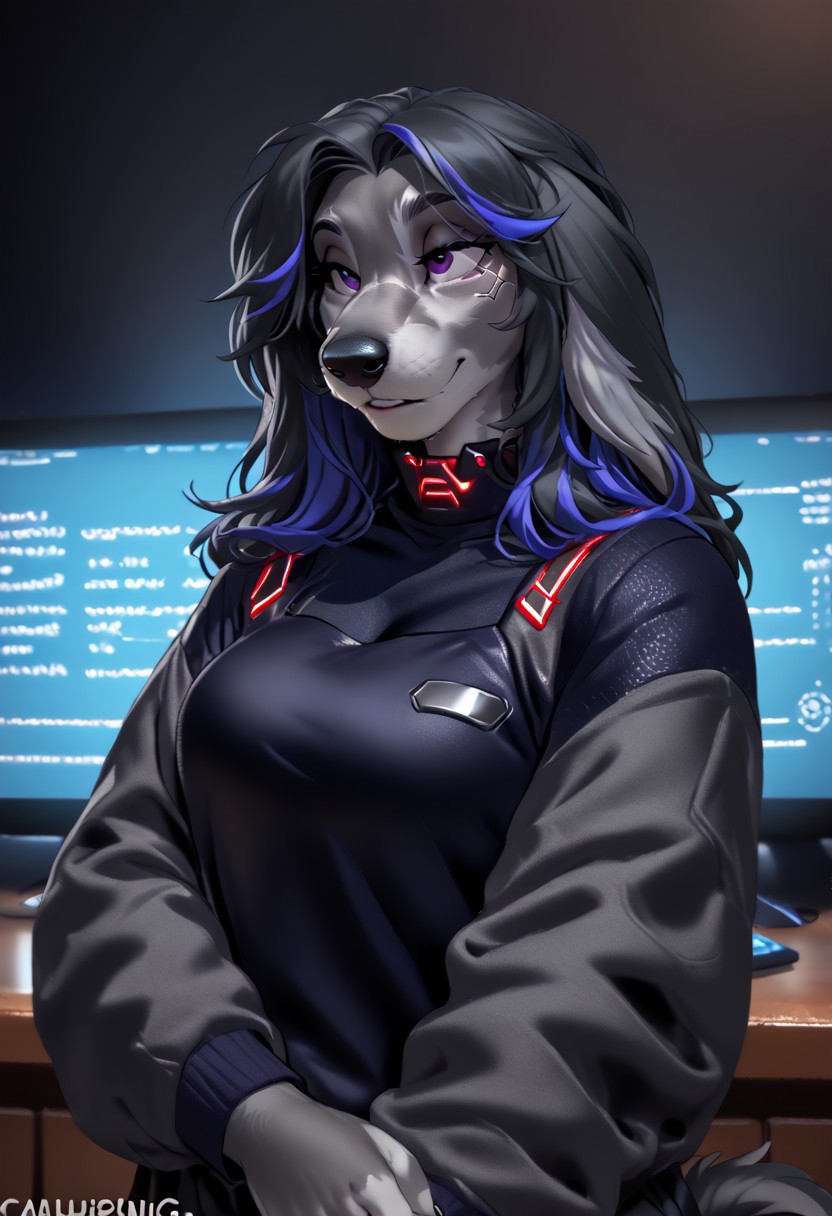 score_9, score_8_up, score_7_up, (by kittydee:1.5), (by jailbird:1.5), (by zummeng:1.5), masterpiece, best quality, (solo), 
(Furry Art: Anthro: Afghan Hound:1.5), (transgirl:1.5), (shemale:1.5), (gynomorph:1.5), expressive eyes, feminine eyes, perfect face, feminine face, large breasts, perfect face, (dark grey fur:1.5), (floppy dog ears:1.5), purple eyes, streaked hair, black hair with neon blue highlights, (long hair), asymmetrical bangs, cyberpunk tattoos, (cyberpunk clothing:1.5),