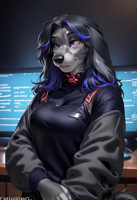 score_9, score_8_up, score_7_up, (by kittydee:1.5), (by jailbird:1.5), (by zummeng:1.5), masterpiece, best quality, (solo),
(Furry Art: Anthro: Afghan Hound:1.5), (transgirl:1.5), (shemale:1.5), (gynomorph:1.5), expressive eyes, feminine eyes, perfect face, feminine face, large breasts, perfect face, (dark grey fur:1.5), (floppy dog ears:1.5), purple eyes, streaked hair, black hair with neon blue highlights, (long hair), asymmetrical bangs, cyberpunk tattoos, (cyberpunk clothing:1.5),