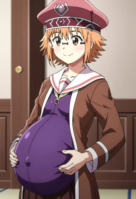 score_9, score_8, score_7,
best quality, masterpiece, 4k, perfect lighting, very aesthetic, anime, anime coloring, official art, anime screencap, absurdres,
bedroom, hands on belly, happy, smile,
(large pregnant belly:1.1), (round belly:1.1), (pregnant bump:1.1),
<lora:PeterGrillPhilosophersTimeV2:1> Mitchy Peligrima, short hair, brown hair, brown eyes, glasses, orange hair, small chest, hat, school uniform, purple shirt, brown vest,
(covered belly:1.5), (pregnancy clothes:1.5)
cowboy shoot,