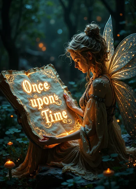 An over-the-shoulder view of a fairy reading a magical book. The ancient tome lies open on her lap, its pages weathered and deckle-edged. The left page prominently displays "Once upon a time" in glowing, stylized text that hovers just above the parchment. Each letter pulses with soft, golden light, featuring ornate, swirling flourishes. On the right page, "In a far away place" shimmers in cooler-hued, equally mesmerizing script. The words seem to shift and dance, as if about to materialize into reality. Delicate illustrations animate the borders, with tiny creatures flitting between lines. The fairy's luminescent fingers rest on the book's edge, her wings folded behind her. The surrounding forest glade is soft-focused, with bioluminescent mushrooms and fireflies complementing the book's radiance. The magical text serves as the primary light source, bathing the scene in an ethereal glow
