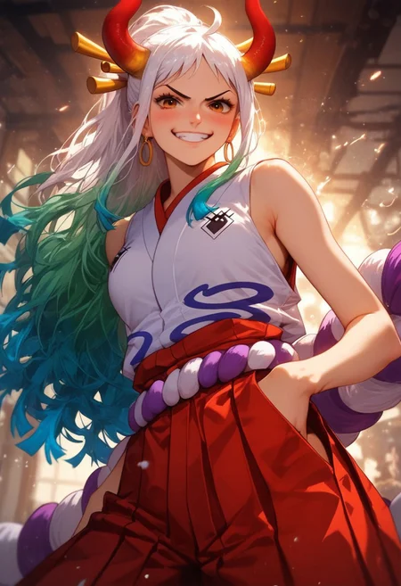 Action Scene, Action Pose, score_9, score_8_up, score_7_up, realistic, masterpiece, best quality, highly detailed, Expressiveh, flushed, Leg,
1girl, Oni, Yamato (/One Piece)/,(ultra HD quality details), pale skin, long hair, very long hair, white hair, multicolored hair, aqua hair, green hair, ahoge, high ponytail, sidelocks, brown eyes, horns, curled horns, multicolored horns, red horns, v-shaped eyebrows,
hair ornament, hair stick,
earrings, ring earrings,
japanese clothes, shimenawa, rope, purple and white shimenawa, purple and white rope, bare arms, bare shoulders, sleeveless, sleeveless kimono, white kimono, hakama, red hakama,
Low Angle View, smug smiling, Bangs, darkness, blushed skin, galaxy vortex, translucent hair, smug Smile,