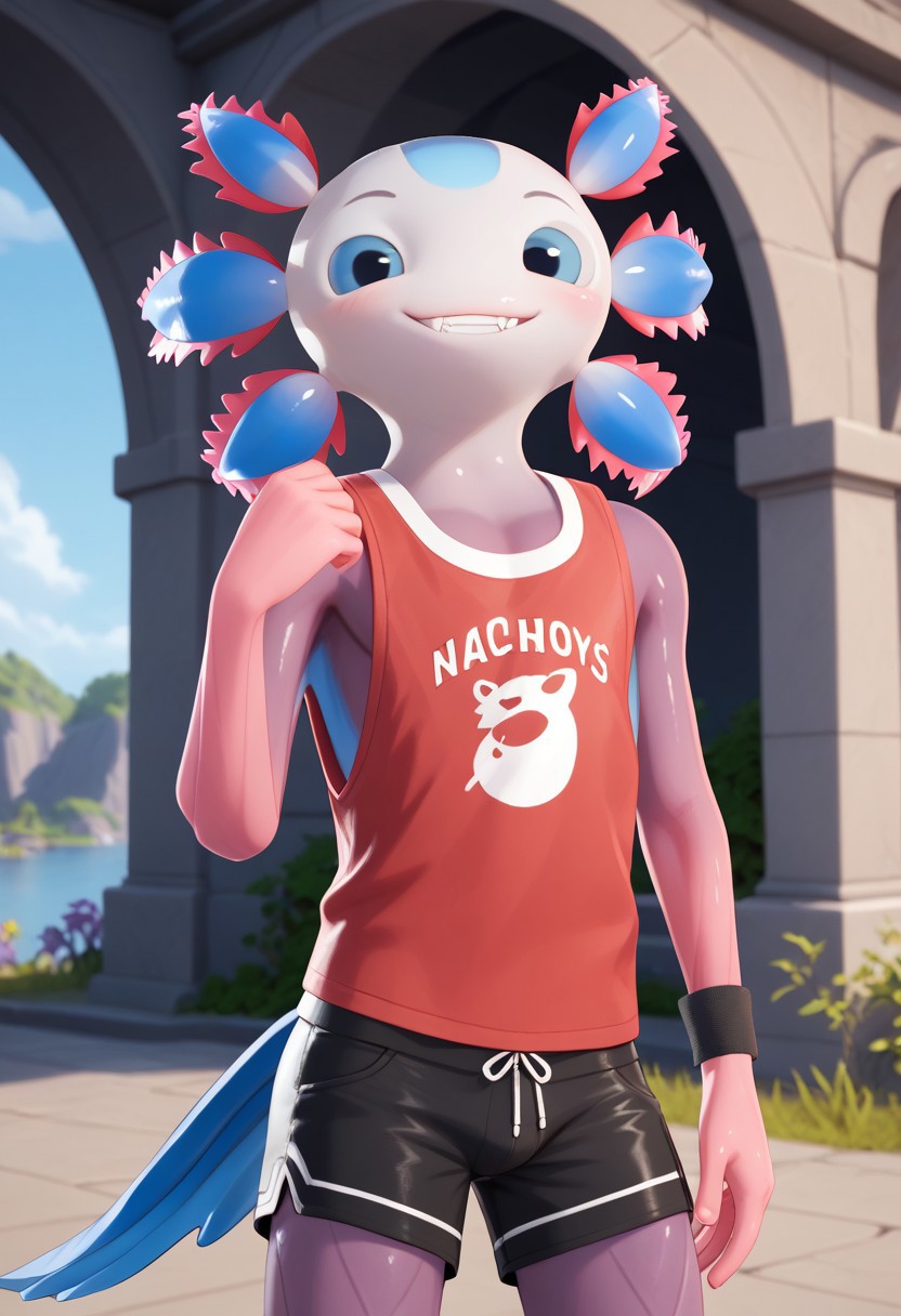 furry, solo anthro, male, smile, looking at viewer, axolotl, pink and blue skin, blue eyes, red shirt, Axo, Expressiveh, ng_deepnegative_v1_75t, black shorts, wrist band, axolotl tail