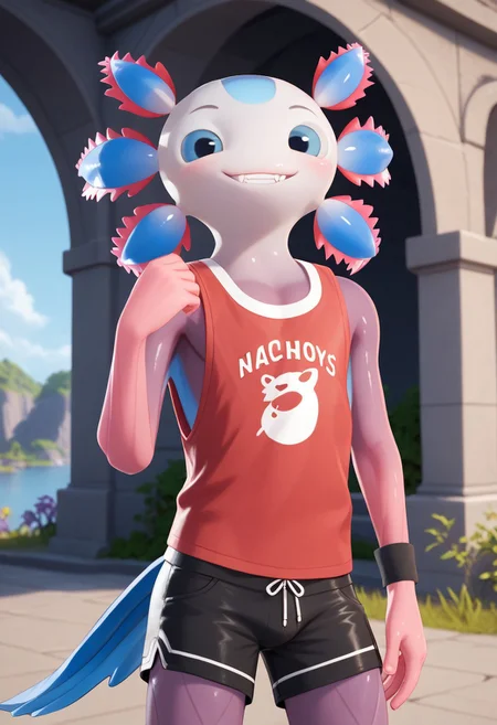 furry, solo anthro, male, smile, looking at viewer, axolotl, pink and blue skin, blue eyes, red shirt, Axo, Expressiveh, ng_deepnegative_v1_75t, black shorts, wrist band, axolotl tail