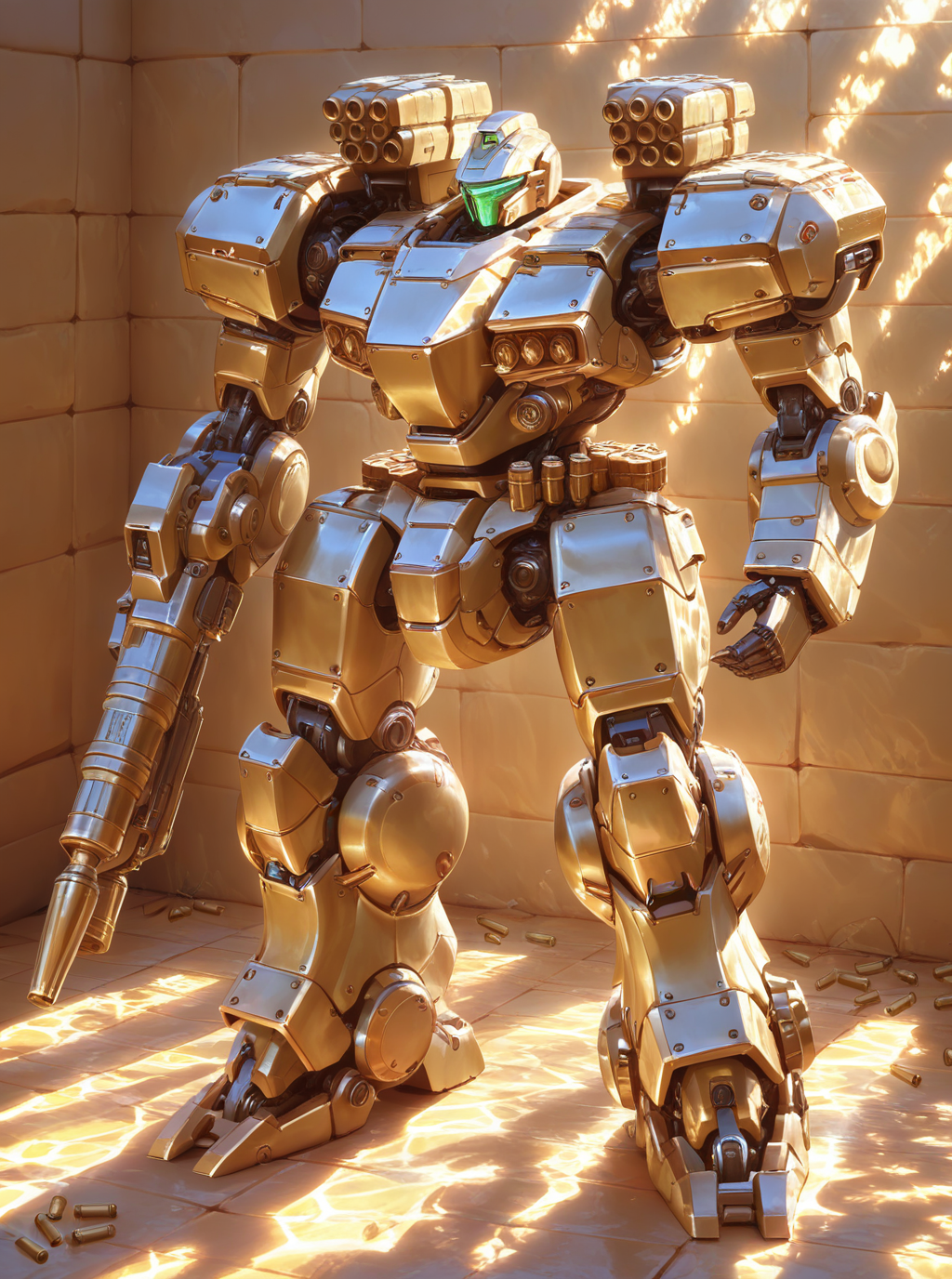 sref3915165969, overdesigned heavy armored mecha, big shoulders, arm cannon, energy gun, cartridge belt, visor <lora:sxz-sref3915165969:0.8> dappled sunlight