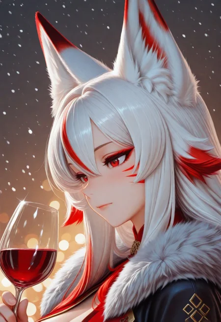 <lora:illustriousXL_stabilizer_v1.72:0.8>1girl,fox ears,red eyes,white hair,red hair,long hair,hair between eyes,closed mouth,multicolored hair,red whisker markings,fur trim,upper body,from side,holding wine glass,snowing,bokeh,masterpiece,best quality,