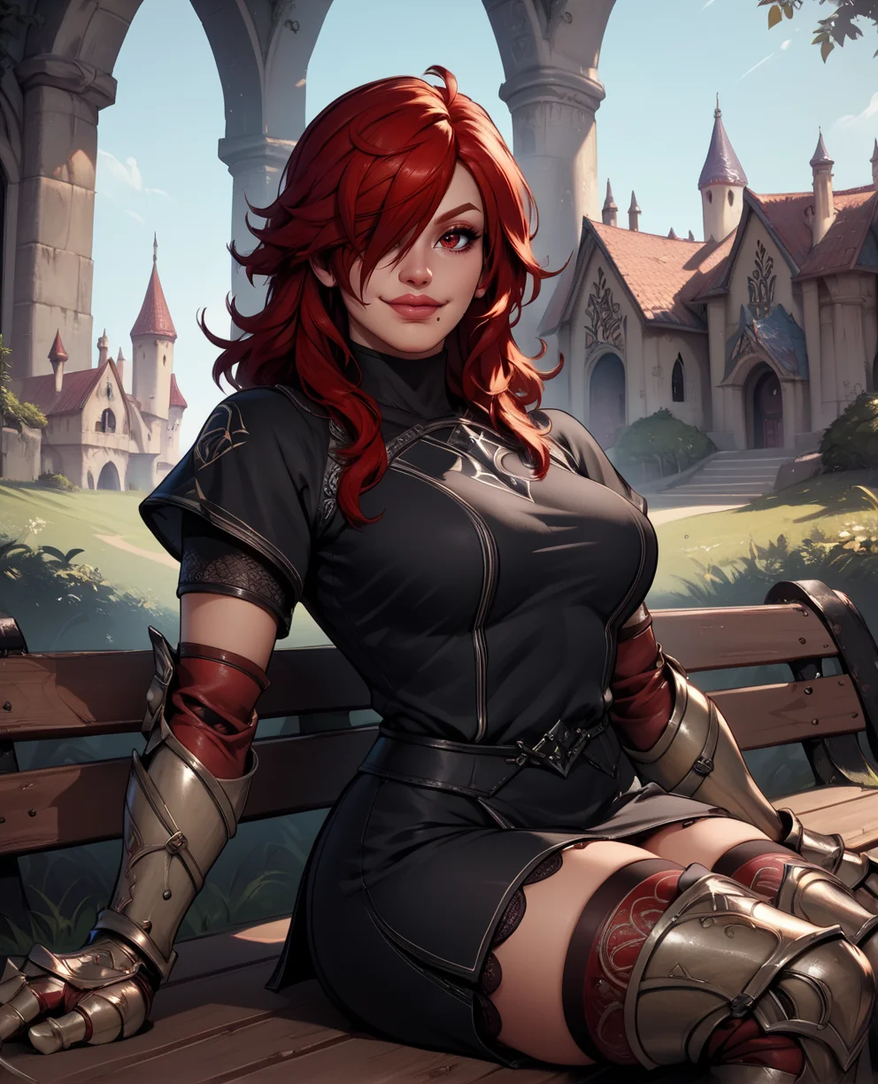 score_9,score_8_up,score_7_up,
hildexl,red hair,lips,hair over one eye,red eyes,mole under mouth,
gauntlets, thighhighs,looking at viewer,light smile,black tunic,
sitting,bench,
European castle,
<lora:HildeSC6XL-10:0.8>,