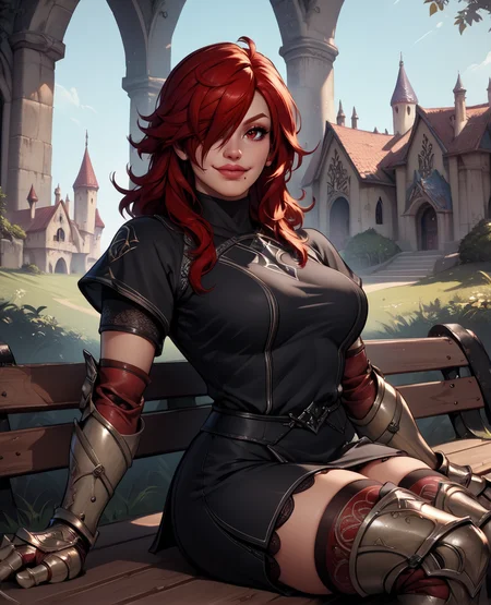 score_9,score_8_up,score_7_up,
hildexl,red hair,lips,hair over one eye,red eyes,mole under mouth,
gauntlets, thighhighs,looking at viewer,light smile,black tunic,
sitting,bench,
European castle,
<lora:HildeSC6XL-10:0.8>,