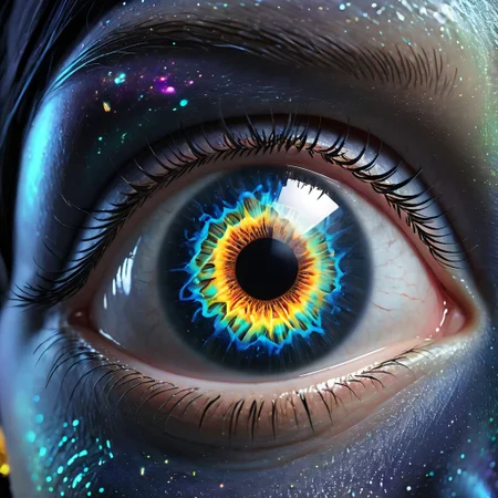 biolumen, detailed eye, iris, cornea, pupil, art, ,universe,luminous human eye, galaxy, night sky, BL4CK3STBL4CK, black_theme, matte_color, flat color