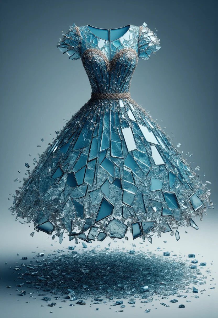 <lora:Glass_Fracture_Former_FLUX-000017:0.9>
This is a digital artwork featuring a stylized, surreal image of a dress made entirely of shattered glass.