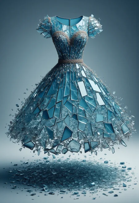 <lora:Glass_Fracture_Former_FLUX-000017:0.9>
This is a digital artwork featuring a stylized, surreal image of a dress made entirely of shattered glass.