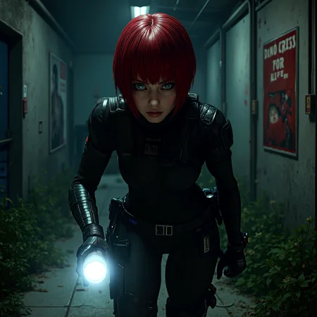 photorealistic image of Regina from Dino Crisis, short bright red bob cut hair, blue eyes, wearing a tactical black bodysuit with armor-like plating, crouched low, moving stealthily through a dark, abandoned facility, flashlight illuminating the path ahead, late night setting with minimal light, ultra-high-definition textures, cinematic composition, dark, shadowy environment, intense contrasts, intricate details in her tactical gear with utility belt and holsters, strong and agile physique, highly detailed and accurate portrayal, photorealistic rendering, stealthy and suspenseful atmosphere, there is a poster of Dino Crisis on a wall and says "DINO CRISIS FOR LIFE".
cinematic scene, cinematic lighting, intricate detail skin and facial texture, lifelike expression, accurate character design, dynamic pose, interesting and complex background details, intricate vegetation details