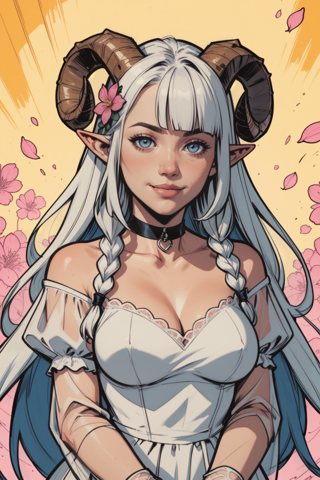 1girl, horns, solo, long hair, blue eyes, white hair, hair ornament, , dress, hair flower, pointy ears, flower, lips, white dress, upper body, long sleeves, looking at viewer, own hands together, braid, smile, blunt bangs, breasts, very long hair, closed mouth, medium breasts, demon girl, nose, curled horns, fingernails, sheep horns, blurry, see-through, choker, demon horns, lace, <lora:Expressive_H:0.5>, score_9, score_8_up, score_8_up, a_Comic_Illustration, rough lines with ink, (drawn:1.1), (sketch:1.5), (crosshatching:1.25), (comic style:1.1), graphic novel style, sharp lines, hires, zstyle, (western comics \(style\):1.1), (hatching \(texture\):1.2), zPDXL, Mr_Monster_Possitive, beautiful detailed eyes, extreme details eyes,  perfect anatomy,, 1girl, thighs, cowboy shot