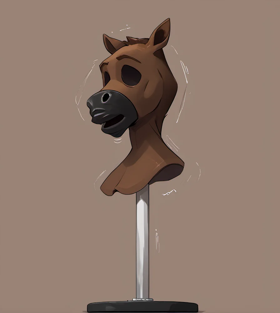 score_9, score_8_up, score_7_up, high res:1.5, digital media (artwork), 2d, motion lines, horse, equine, <lora:Suiting_and_Masking:1> mask stand, mask