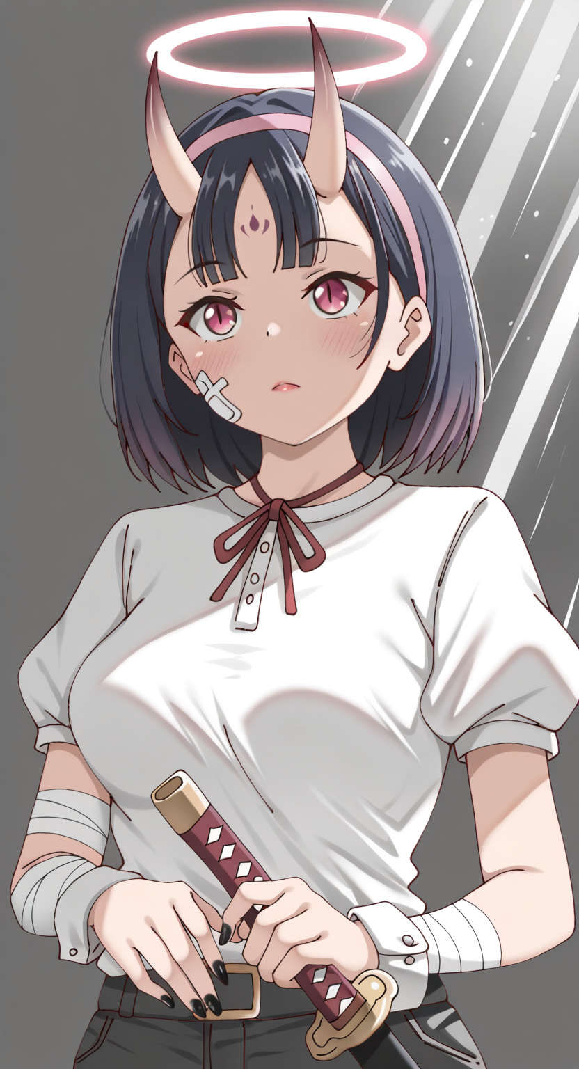 masterpiece, cute, lovely, newest, absurdres, (best quality:1.3), amazing quality, very aesthetic, 1girl, solo, high_resolution, hq, 4k, BREAK. high gradient eyes, very cute, light particles, cute details, cute colors, mature woman, (Poa_Mellhen_Style), oni, oni horns, dark blue hair, straight hair, blunt bangs, pink eyes, slit pupils, (medium breasts:1.2), sagging_breasts, BREAK,  bandaid on face, bandaid, bandaid on cheek, forehead mark, parted lips, wrist cuffs, neck ribbon, short sleeves, fingernails, shirt, hairband, puffy short sleeves, puffy sleeves, shorts, t-shirt, bandages, sheath, sword, solo, holding, simple background, grey background, upper body, halo, facial mark, nail polish, closed mouth, red ribbon, black nails, bandaged arm, holding weapon, light frown, light rays, pink hairband, red lips, scabbard, weapon, white shirt, masterpiece, best quality, very aesthetic, intricate details, vivid colors, smooth shading, dynamic lighting, professional illustration, soft gradients, balanced composition, elegant pose, high-resolution, sharp focus, 8k, hdr, crisp lines, perfect lighting, sharp eyes, detailed eyes, highly detailed