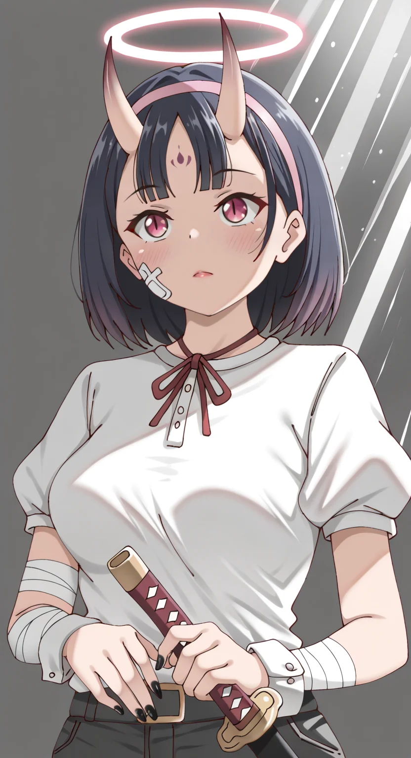masterpiece, cute, lovely, newest, absurdres, (best quality:1.3), amazing quality, very aesthetic, 1girl, solo, high_resolution, hq, 4k, BREAK. high gradient eyes, very cute, light particles, cute details, cute colors, mature woman, (Poa_Mellhen_Style), oni, oni horns, dark blue hair, straight hair, blunt bangs, pink eyes, slit pupils, (medium breasts:1.2), sagging_breasts, BREAK, bandaid on face, bandaid, bandaid on cheek, forehead mark, parted lips, wrist cuffs, neck ribbon, short sleeves, fingernails, shirt, hairband, puffy short sleeves, puffy sleeves, shorts, t-shirt, bandages, sheath, sword, solo, holding, simple background, grey background, upper body, halo, facial mark, nail polish, closed mouth, red ribbon, black nails, bandaged arm, holding weapon, light frown, light rays, pink hairband, red lips, scabbard, weapon, white shirt, masterpiece, best quality, very aesthetic, intricate details, vivid colors, smooth shading, dynamic lighting, professional illustration, soft gradients, balanced composition, elegant pose, high-resolution, sharp focus, 8k, hdr, crisp lines, perfect lighting, sharp eyes, detailed eyes, highly detailed
