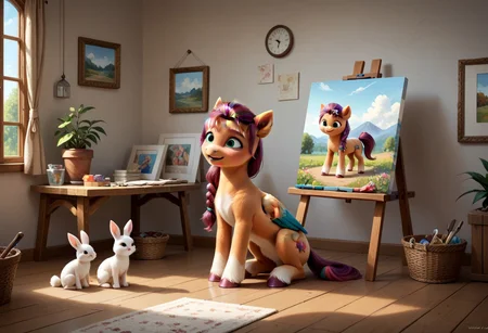 score_9, score_8_up, score_7_up, score_6_up, score_5_up, score_4_up, sunny starscout,
earth pony, pegasus pony, g5, inside, rich colors, artist workshop, presents a painting of rabbits, aroused, front view, detailed background, pony, solo, detailed, 8k quality, side view, beautiful, teasing, easel and brushes, leaned to the floor, close up,
