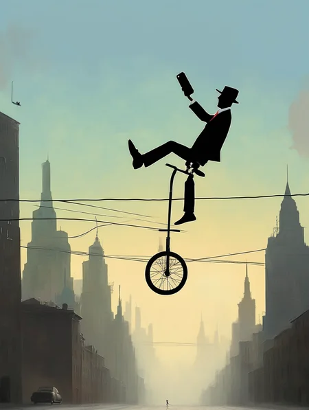 <lora:Alex Andreev style:1>Alex Andreev style - upside down city skyline, unicycle rider on a telephone wire, style of Pixar and Rene Magritte