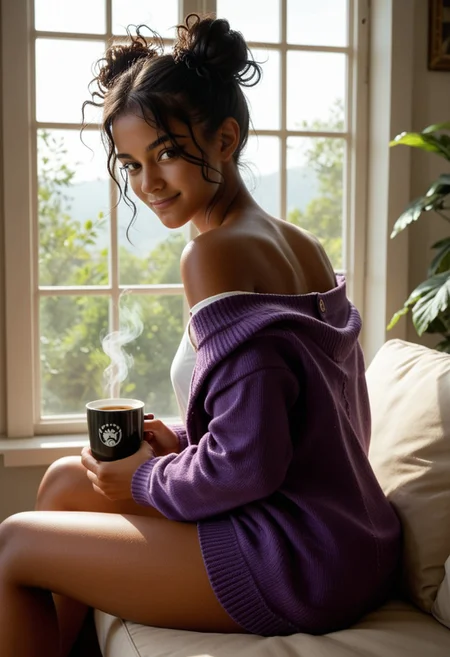 score_9_up, score_8_up, score_7_up, score_6_up, 1girl, 25 years old, perfect face, (adult), sexy,
dark eyes, black hair, African, dark skin, hair bun, double bun, messy hair,
white shirt, purple cardigan, off shoulder,
from behind, sitting in window, knees up, windowsill, sunlight, thinking, lonely, warm lighting, coffee, holding coffee, looking back, shy smile,