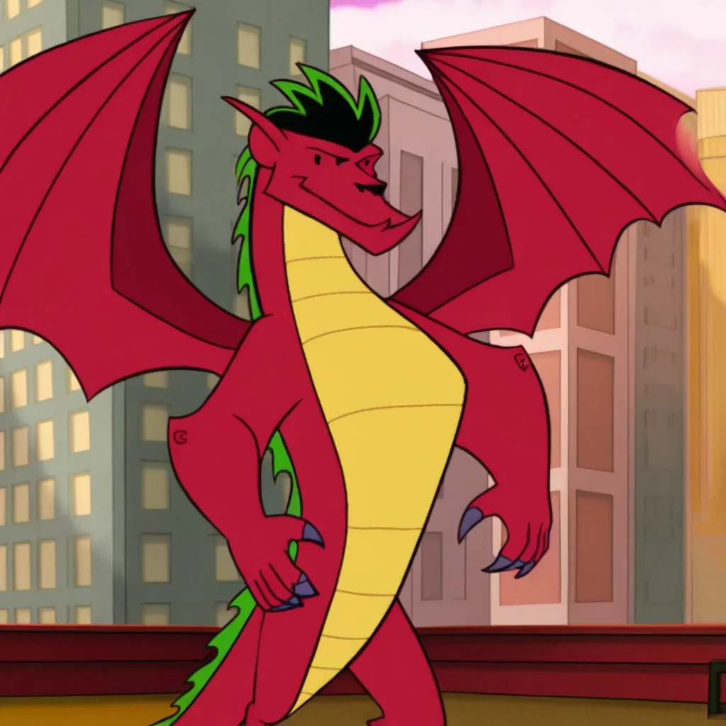 Dragon, Red scales, yellow chest, tail, wings, Black eyes, green hair, black hair, sharp teeth, claws, solo, male, Standing on the roof of a skyscraper,