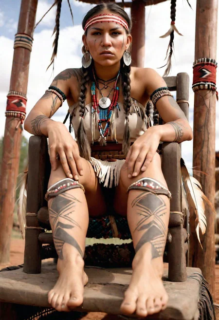 front-bottom-view medium-shot photograph, angry female Native-American warrior, wearing traditional-clothes, 25-YO, (tattoos:0.8), long-thick-braids, outdoors, foot-focus, five-toes, barefoot, detailed-soles, dirty-feet, sitting-on-throne, feet-up