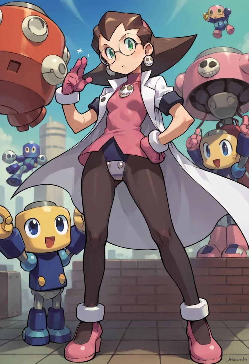 score_9, score_8_up, score_7_up, source_anime,
ishikawa hideki style, Tron Bonne (Mega man), green eyes, short hair, brown hair, jewelry, black pantyhose, earrings, open clothes, pink shoes, hair pulled back, pink gloves, pink hairband, crotch plate, pink t-shirt, lab coat, glasses, (Servbot (Mega man), mecha)