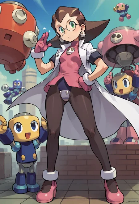 score_9, score_8_up, score_7_up, source_anime, 
ishikawa hideki style, Tron Bonne (Mega man), green eyes, short hair, brown hair, jewelry, black pantyhose, earrings, open clothes, pink shoes, hair pulled back, pink gloves, pink hairband, crotch plate, pink t-shirt, lab coat, glasses, (Servbot (Mega man), mecha)