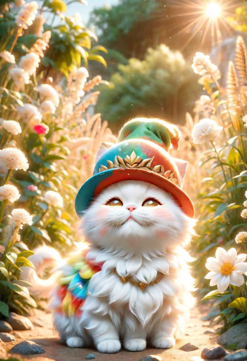 ral-fluff,<lora:ral-fluff:1>,
chibi,masterpiece,best quality,original,official art,cat, hat,flower,blurred background,cartoon rendering,beautiful detailed glow,(detailed ice),beautiful detailed sun,sunny, blurred flower, happy