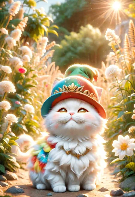 ral-fluff,<lora:ral-fluff:1>,
chibi,masterpiece,best quality,original,official art,cat, hat,flower,blurred background,cartoon rendering,beautiful detailed glow,(detailed ice),beautiful detailed sun,sunny, blurred flower, happy