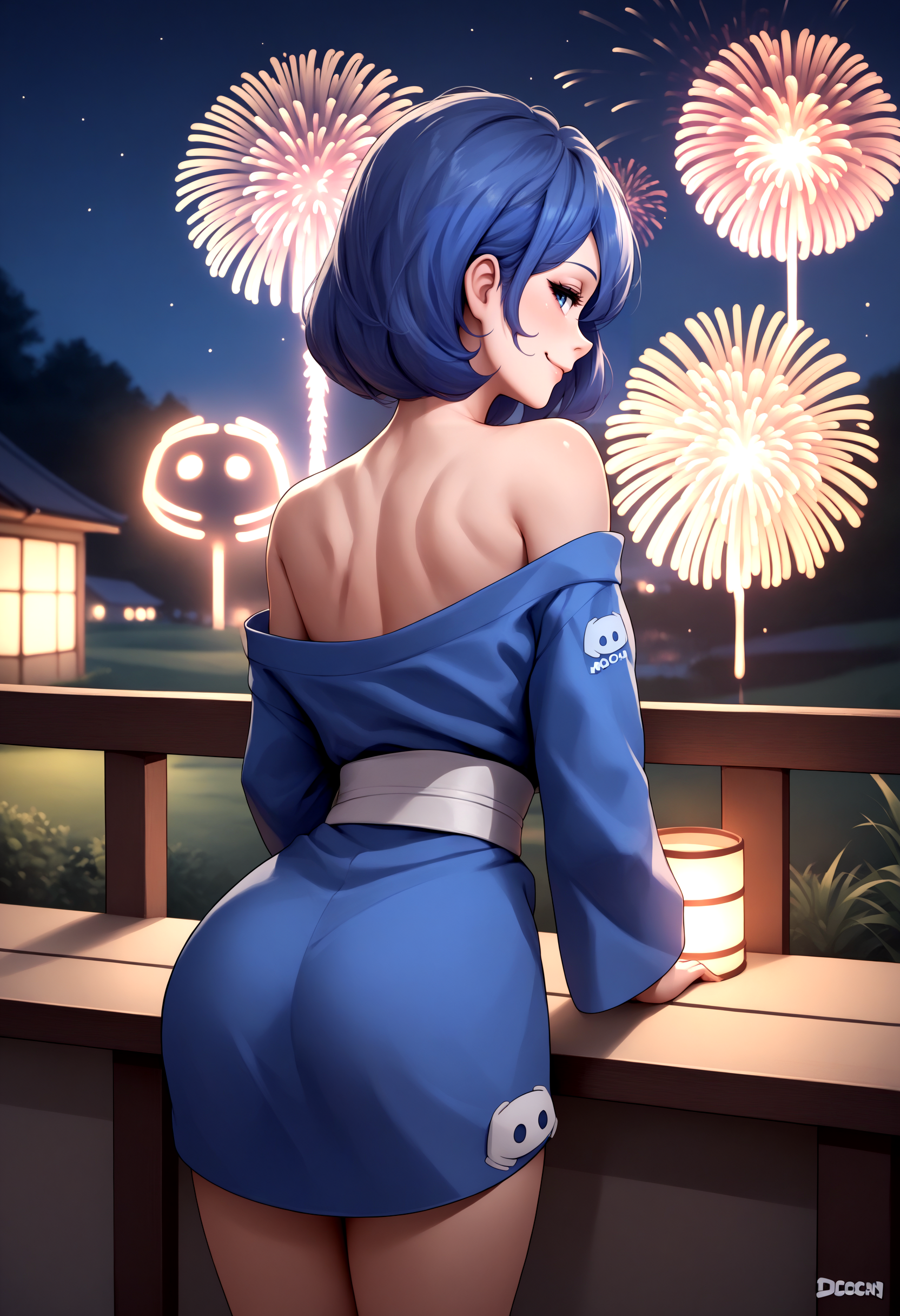 score_9, score_8_up, score_7_up, source_anime, 1girl, dcchan, <lora:DCchanXLPD:1>, blue kimono, from behind, off shoulder, night, seductive smile, long sleeves, fireworks,