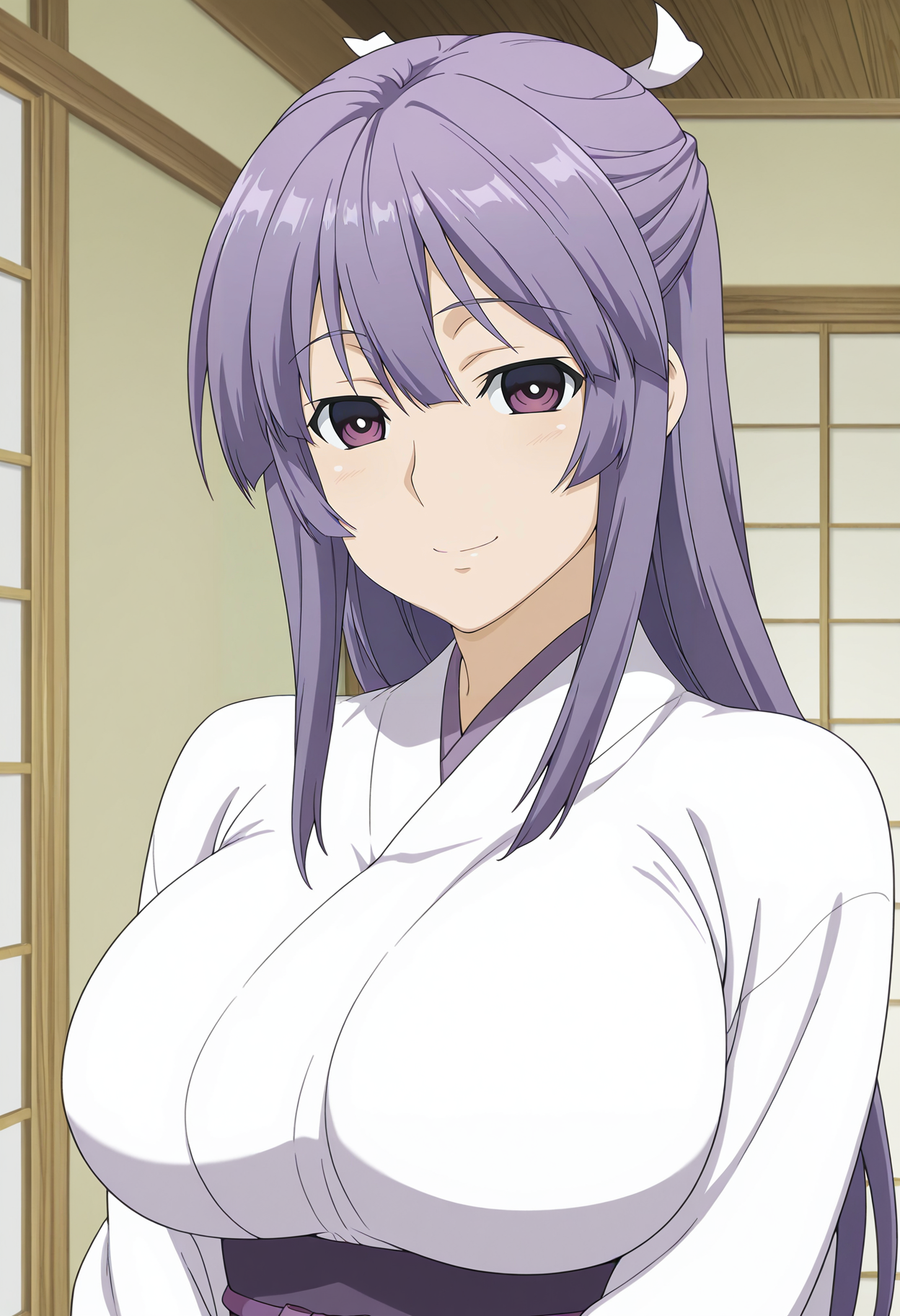 1girl,solo,mm,mature female,long hair,purple hair,purple eyes,half updo,hair ribbon,large breasts,anime coloring,
miko,white kimono,upper body,looking at viewer, smile,indoors, 
,masterpiece,best quality,amazing quality,<lora:Miya_Asama-Sekirei:0.8>