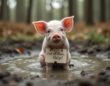 sfw, A piglet sitting in the mud pool, in the forest, a white cardboard is hangs on its neck, and the cardboard is written with mud say "Out of Buzz, Help!"âââ