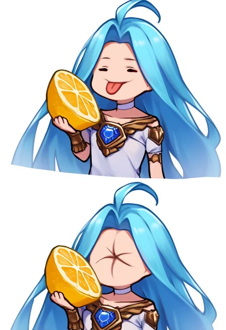 score_9, score_8_up, score_7_up, source_anime, simple background, white background, 2koma, multiple views, chibi, solo, 1girl, tongue out, holding fruit, lemon slice, luriabase, blue hair, very long hair, lyrdefdress, choker, collarbone, gem, jewelry, ahoge,<lora:meme_thour_ponyXL:1.4>