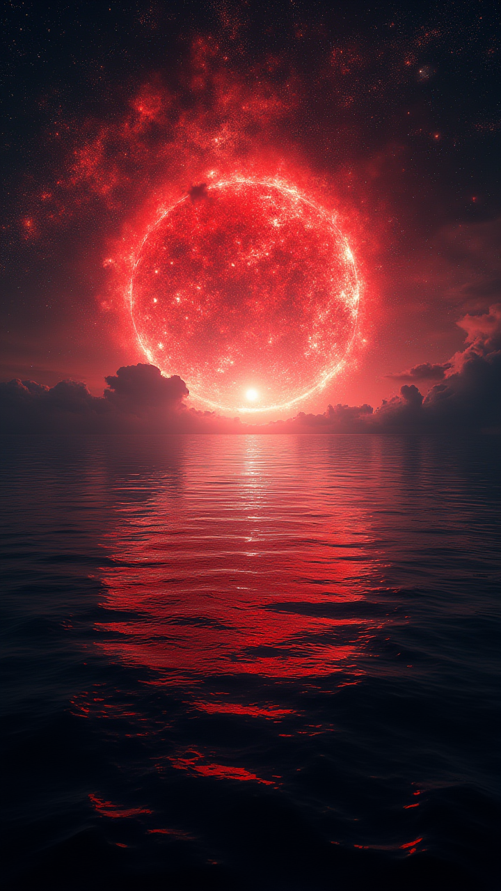 As Supernova remnant sets over a vast expanse of Water, a cosmic echo reverberates through the universe, connecting us to the infinite depths of creation. The sky is a deep Xenomorph of Red, dotted with stars and galaxies. In the distance, Punk Art, F/5, Rachael Leigh Cook dark white hue, aidmaMJ6.1