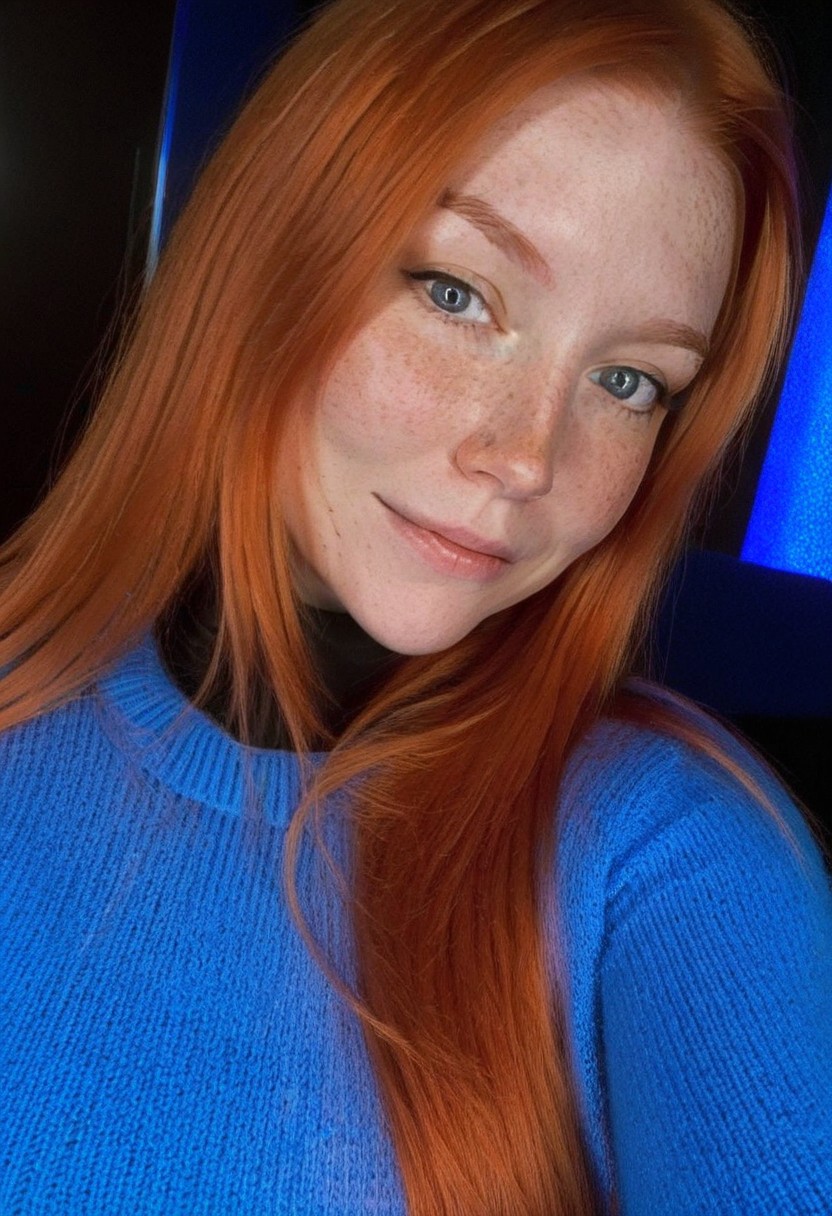 fair skin with freckles, long hair, very long hair, long straight orange hair with a reddish tint, straight hairstyle, cool artificial lighting, wearing a bright blue knit sweater, bright blue eyes, medium-length brown hair, wearing a black high-neck sweater, light smile with a hint of contemplation.