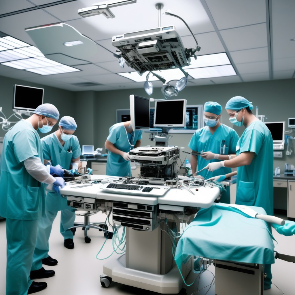 hyper-realistic, award-winning, photo, highly detailed, photograph, an inside view of a hospital operating room, a disassembled computer, PC, on the operating table, doctors standing around holding tools.