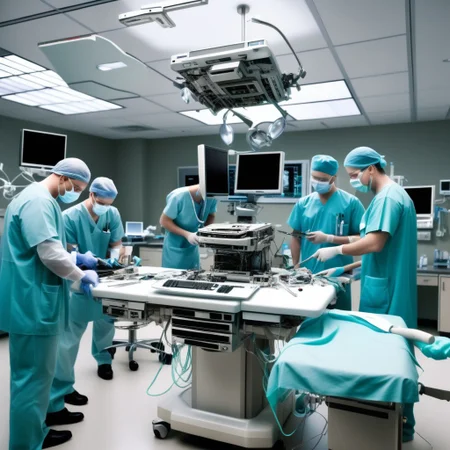 hyper-realistic, award-winning, photo, highly detailed, photograph, an inside view of a hospital operating room, a disassembled computer, PC, on the operating table, doctors standing around holding tools.